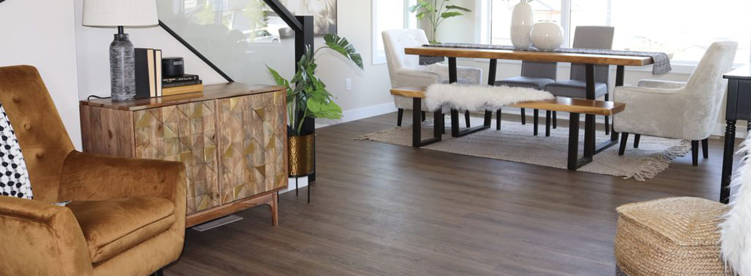 Newly installed Luxury Vinyl flooring in customers open floor home in Alberta, CA. 