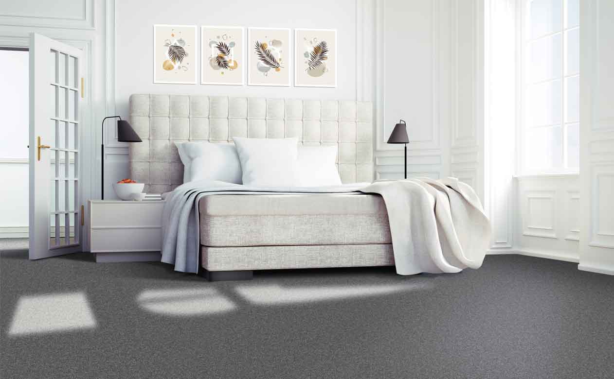 Grey Berber carpet master bedroom. 